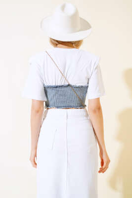 Kot Garnili Vatkalı T-shirt Çizgili - Kadın Giyim Modelleri