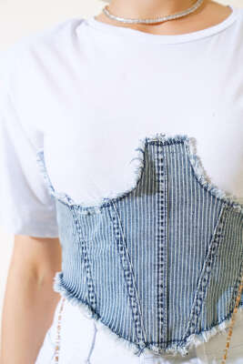 Kot Garnili Vatkalı T-shirt Çizgili - Kadın Giyim Modelleri