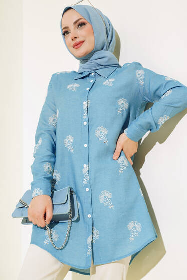 Kot Görünümlü Nakışlı Gömlek Açık Mavi - Gömlek