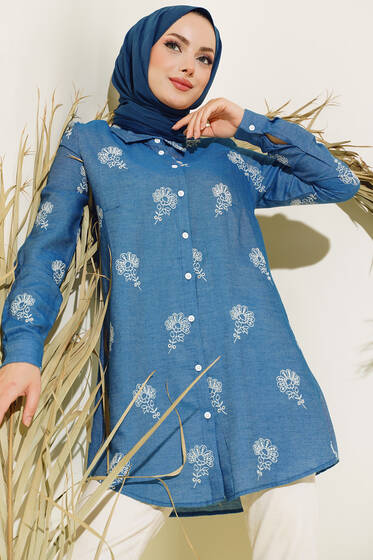 Kot Görünümlü Nakışlı Gömlek Mavi - Gömlek