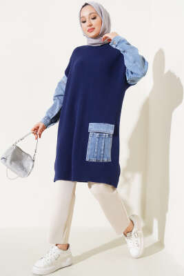 	 Kot Kol ve Cepli Angora Tunik Lacivert - Triko Tunik