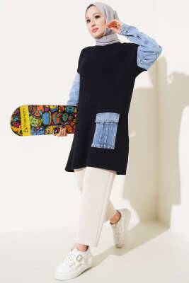 	 Kot Kol ve Cepli Angora Tunik Siyah - Triko Tunik