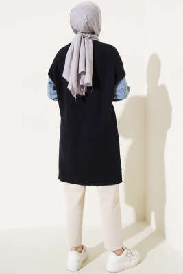 	 Kot Kol ve Cepli Angora Tunik Siyah - Triko Tunik