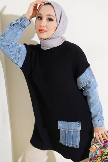 	 Kot Kol ve Cepli Angora Tunik Siyah - Tunik