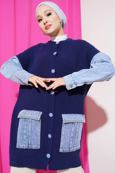 Kot Kollu Angora Hırka Lacivert - Hırka