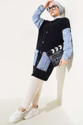 Kot Kollu Angora Hırka Siyah - Triko Hırka