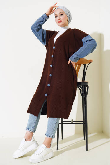 Kot Kollu Fitilli Triko Uzun Hırka Acı Kahve - Triko Elbise