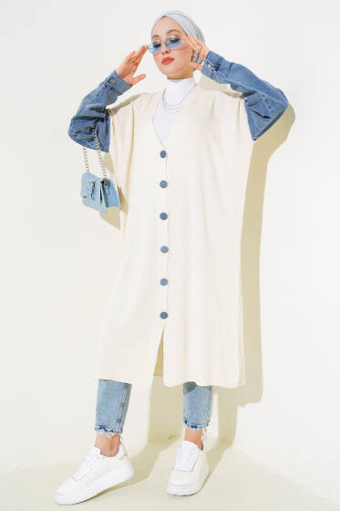 Kot Kollu Fitilli Triko Uzun Hırka Bej - Hırka