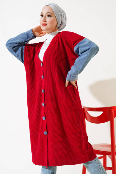 Kot Kollu Fitilli Triko Uzun Hırka Kırmızı - Hırka