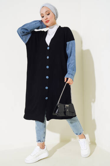 Kot Kollu Fitilli Triko Uzun Hırka Siyah - Hırka