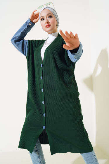 Kot Kollu Fitilli Triko Uzun Hırka Zümrüt - Hırka