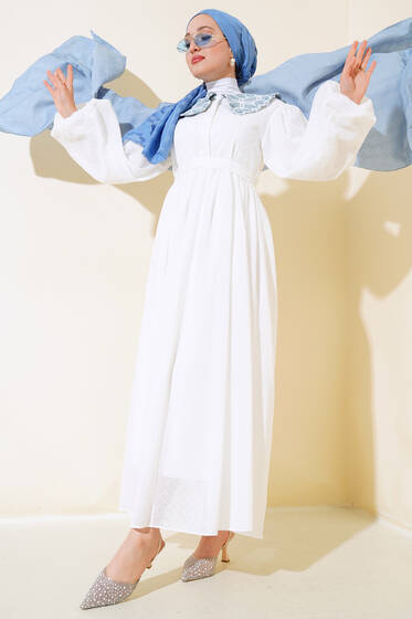 Kot Yaka Dantel Elbise Ekru - Uzun Elbise
