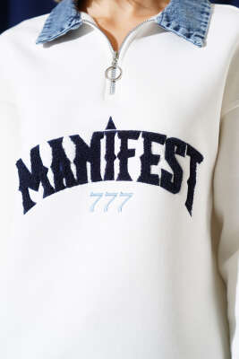 Kot Yaka Garnili Üç İplik Sweatshirt Beyaz - Kadın Giyim Modelleri