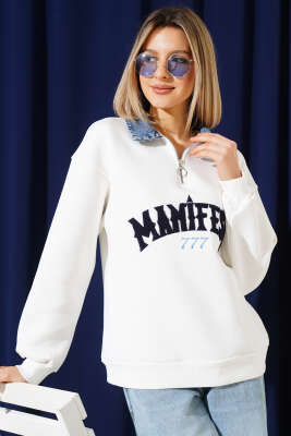 Kot Yaka Garnili Üç İplik Sweatshirt Beyaz - Kadın Giyim Modelleri