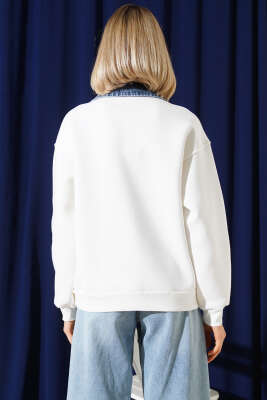 Kot Yaka Garnili Üç İplik Sweatshirt Beyaz - Kadın Giyim Modelleri