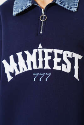 Kot Yaka Garnili Üç İplik Sweatshirt Lacivert - Kadın Giyim Modelleri