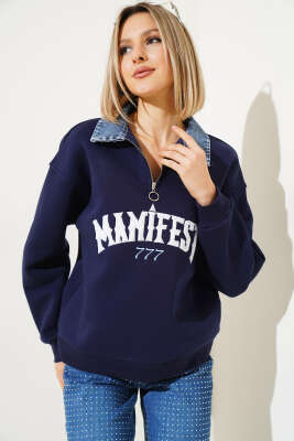 Kot Yaka Garnili Üç İplik Sweatshirt Lacivert - Kadın Giyim Modelleri