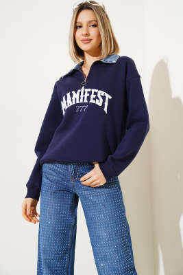 Kot Yaka Garnili Üç İplik Sweatshirt Lacivert - Kadın Giyim Modelleri