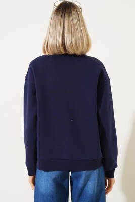 Kot Yaka Garnili Üç İplik Sweatshirt Lacivert - Kadın Giyim Modelleri