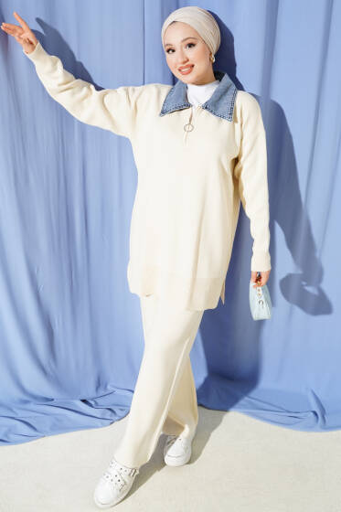Kot Yakalı Fermuarlı Triko İkili Takım Bej - İkili Takım