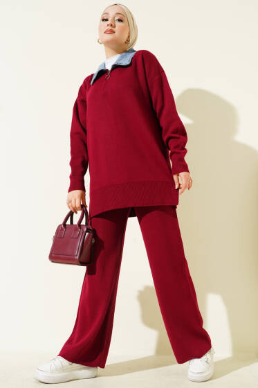 Kot Yakalı Fermuarlı Triko İkili Takım Bordo - İkili Takım
