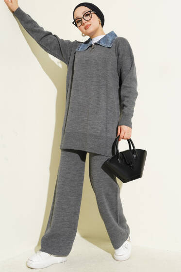 Kot Yakalı Fermuarlı Triko İkili Takım Füme - İkili Takım