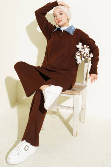 Kot Yakalı Fermuarlı Triko İkili Takım Kahve - İkili Takım