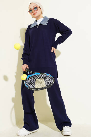 Kot Yakalı Fermuarlı Triko İkili Takım Lacivert - İkili Takım