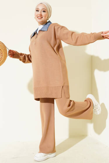 Kot Yakalı Fermuarlı Triko İkili Takım Latte - İkili Takım