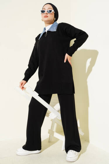 Kot Yakalı Fermuarlı Triko İkili Takım Siyah - İkili Takım