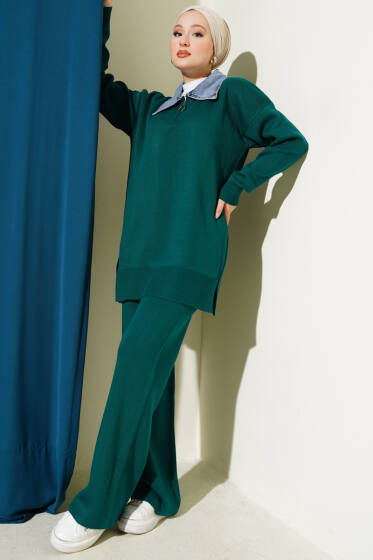 Kot Yakalı Fermuarlı Triko İkili Takım Zümrüt - İkili Takım