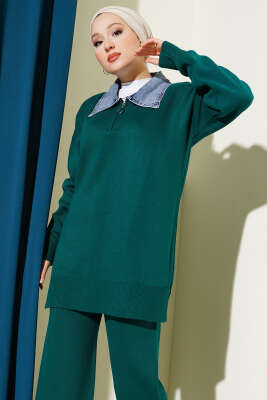 Kot Yakalı Fermuarlı Triko İkili Takım Zümrüt - İkili Takım