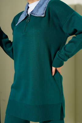 Kot Yakalı Fermuarlı Triko İkili Takım Zümrüt - İkili Takım