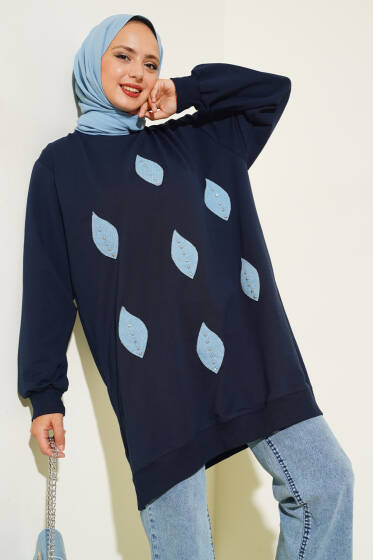 Kot Yaprak Detaylı Tunik Lacivert - Tunik