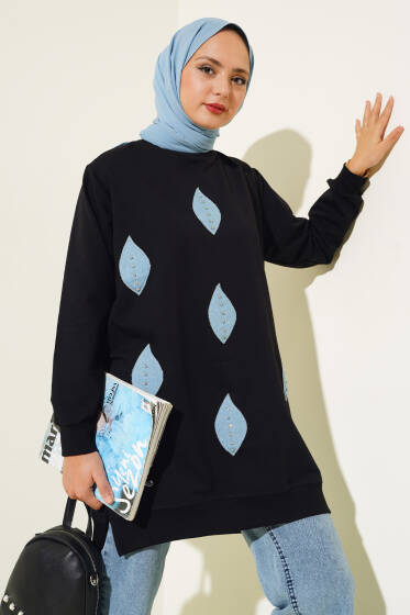 Kot Yaprak Detaylı Tunik Siyah - Tunik