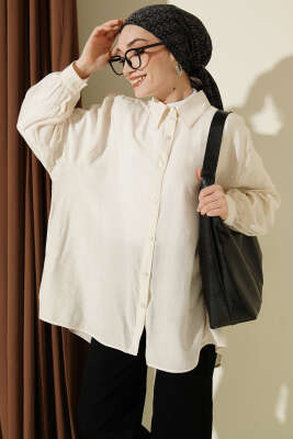 Kraşlı Oversize Gömlek Bej - DUFON