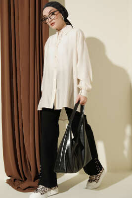 Kraşlı Oversize Gömlek Bej - Gömlek