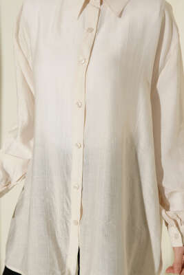 Kraşlı Oversize Gömlek Bej - Gömlek