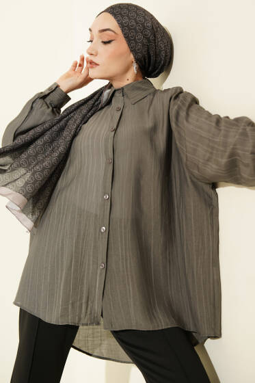 Kraşlı Oversize Gömlek Füme - Gömlek