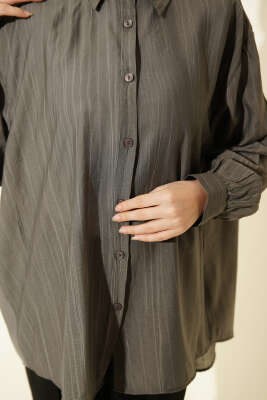 Kraşlı Oversize Gömlek Füme - Gömlek