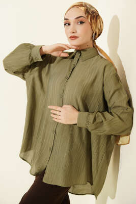 Kraşlı Oversize Gömlek Haki - DUFON