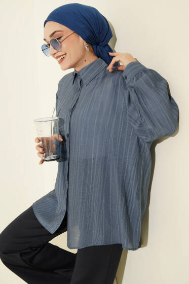 Kraşlı Oversize Gömlek İndigo - Gömlek