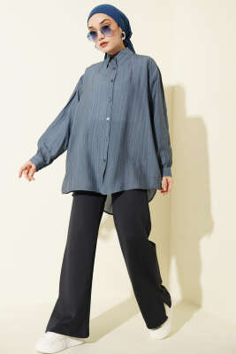 Kraşlı Oversize Gömlek İndigo - Gömlek