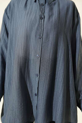 Kraşlı Oversize Gömlek İndigo - Gömlek