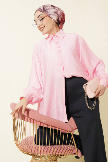 Kraşlı Oversize Gömlek Pembe - Gömlek