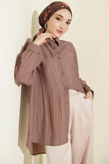 Kraşlı Oversize Gömlek Vizon - Gömlek