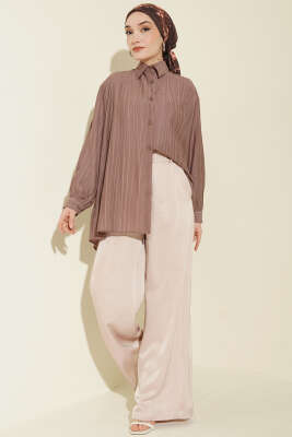 Kraşlı Oversize Gömlek Vizon - Gömlek