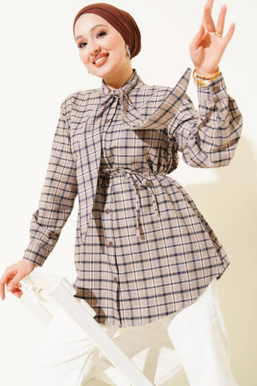 Kravatlı Ekoseli Gömlek Bej - Gömlek