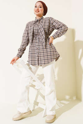 Kravatlı Ekoseli Gömlek Bej - Gömlek