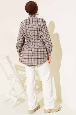 Kravatlı Ekoseli Gömlek Bej - Gömlek